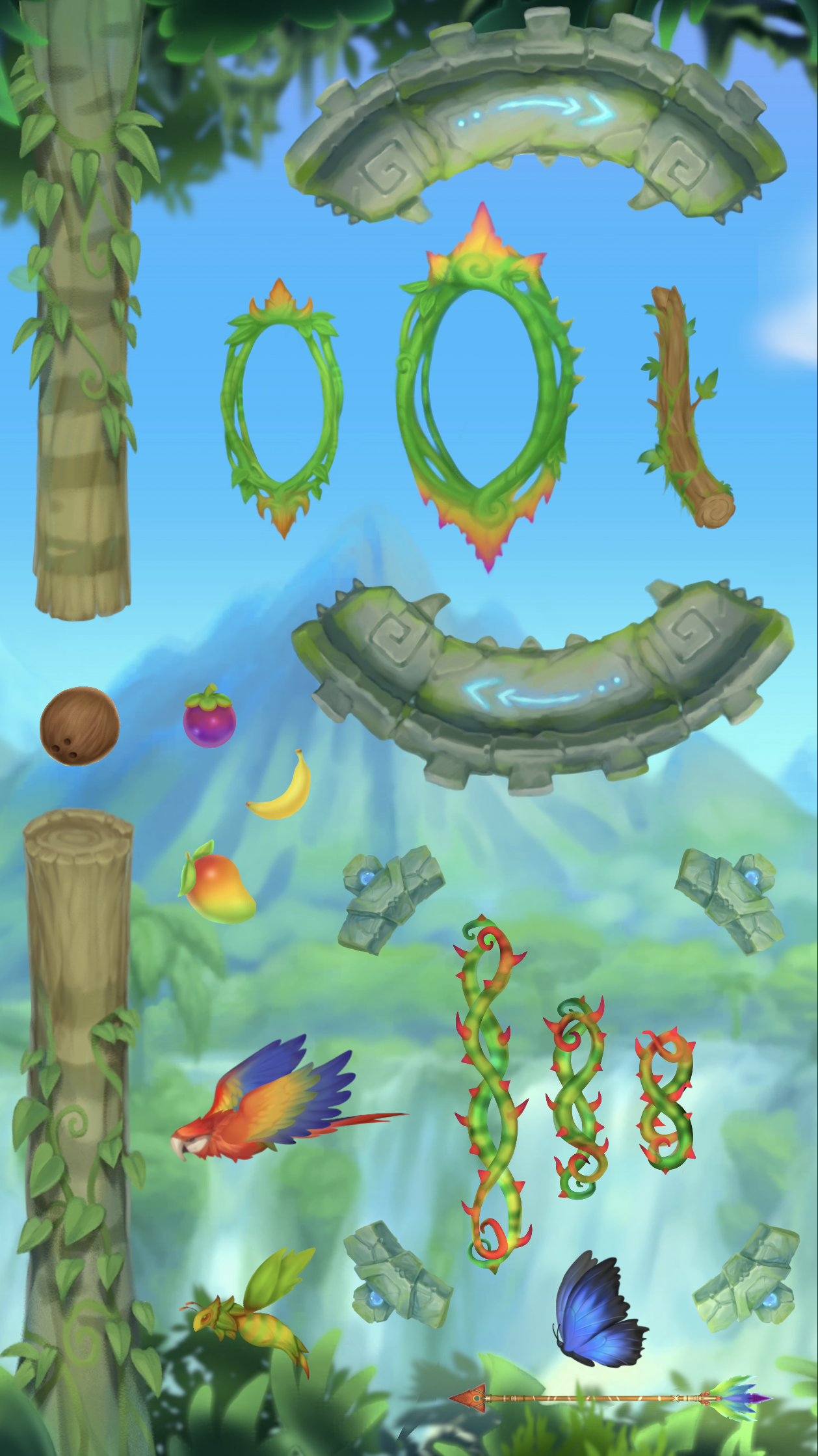 Screenshot of all the obstacles and assets in the game, the main theme of the game being a mystical jungle temple motif, with many natural-inspired obstacles such as vines, wasps, butterflies, wood, and runic stone.