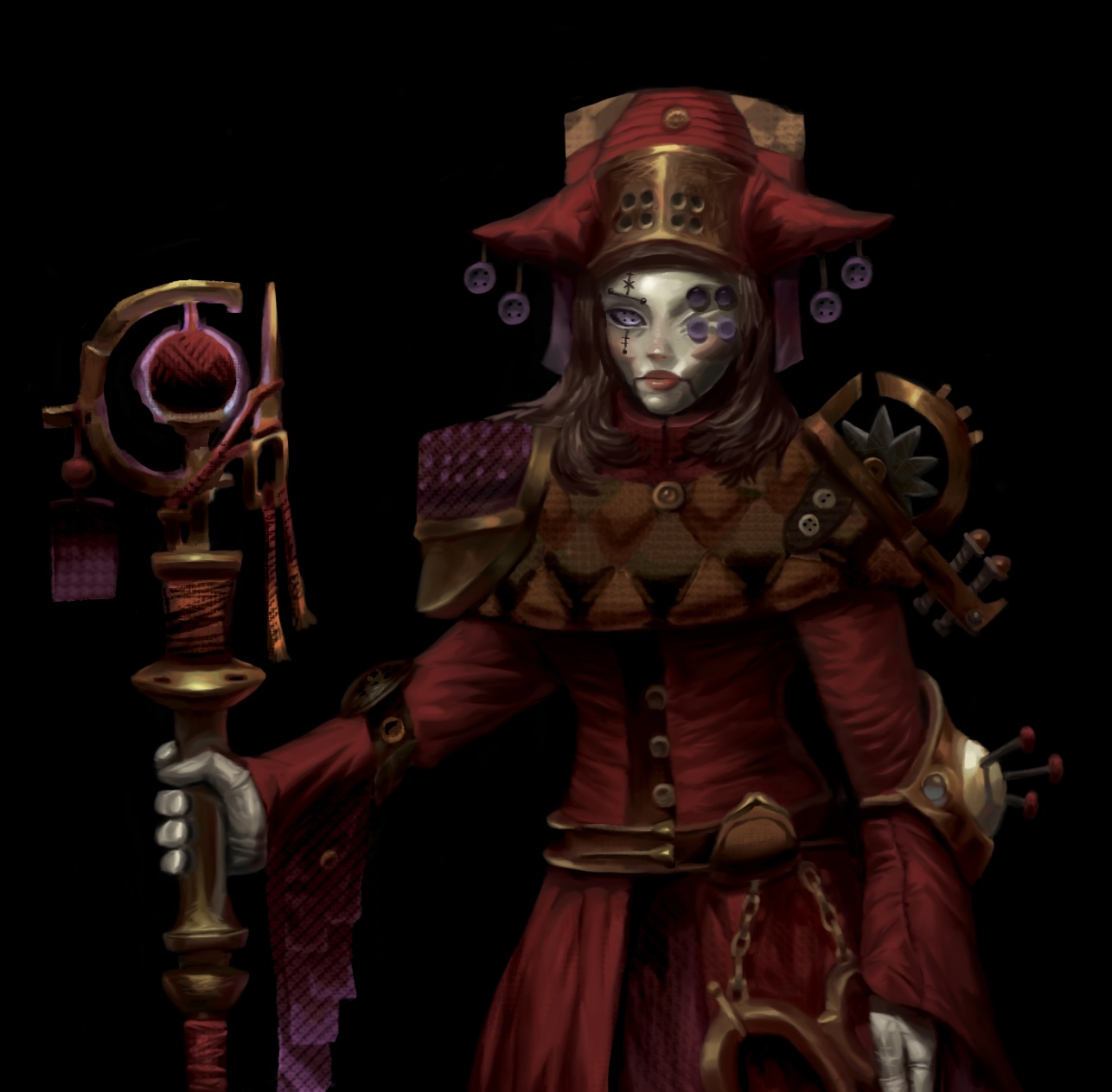 Fantasy art of a doll sorceress, wielding tailoring accessories as armor or weapons, such as scissors, thimbles, and needles. Dark, mystical, and gothic theme.