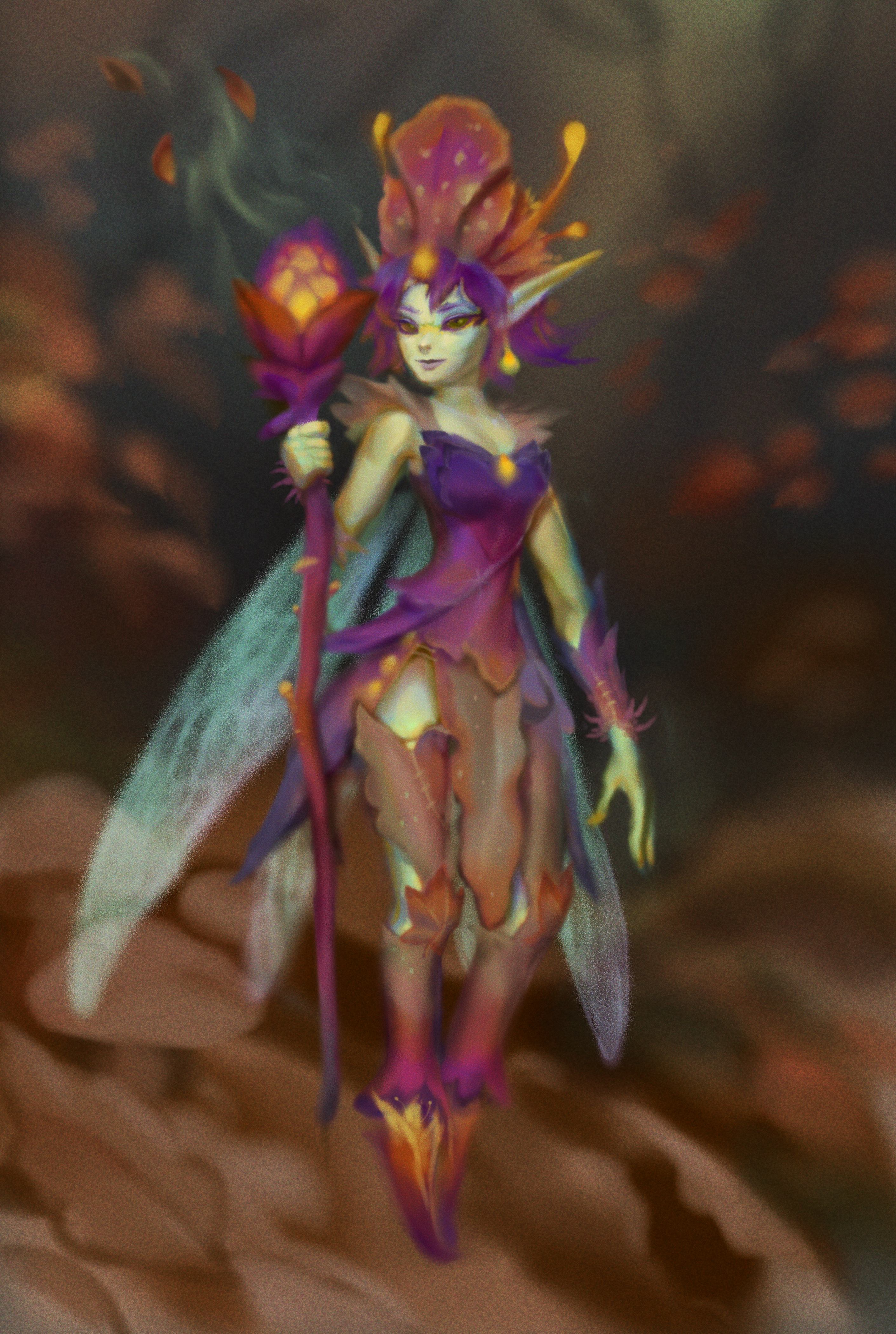 Fantasy art of an autumn sylph with dragonfly wings, wearing nature-derived clothing such as fall leaves and a mushroom crown.