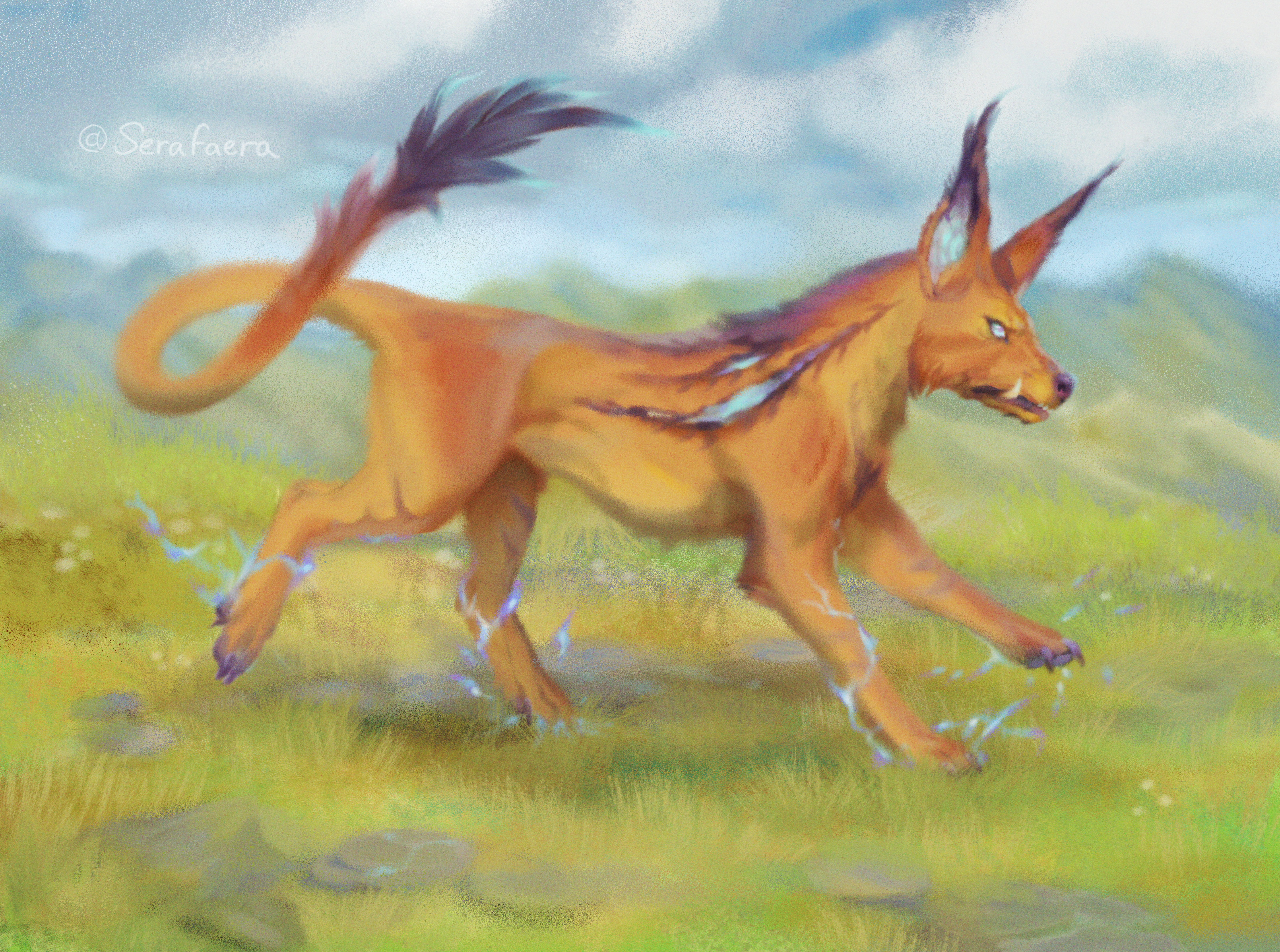 Fantasy art creature design depicting a faerie hound, inspired by the blink dog and Cu Sidhe.