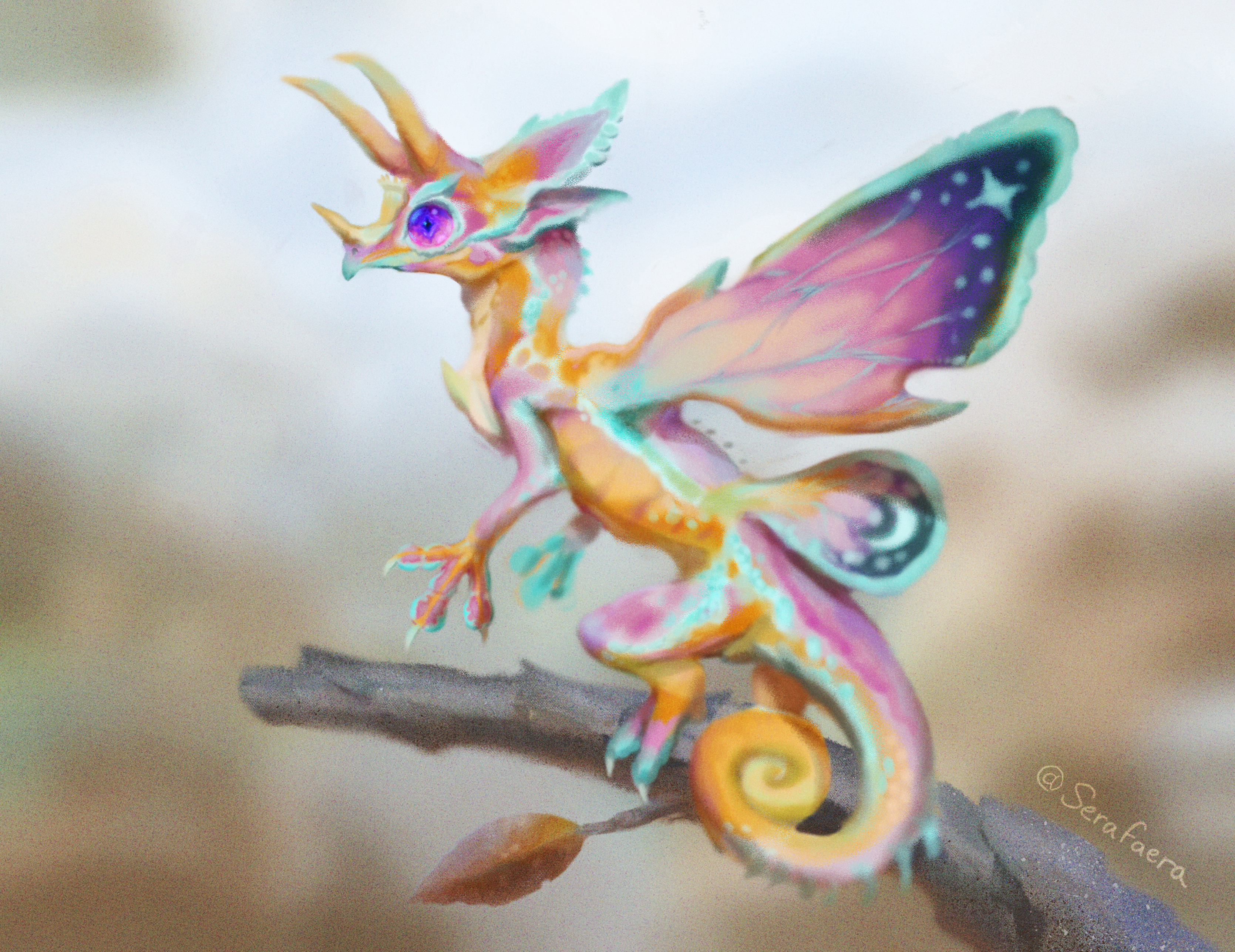 Fantasy art creature design of a faerie dragon that resembles a chameleon, with strong magical and glamour capabilities