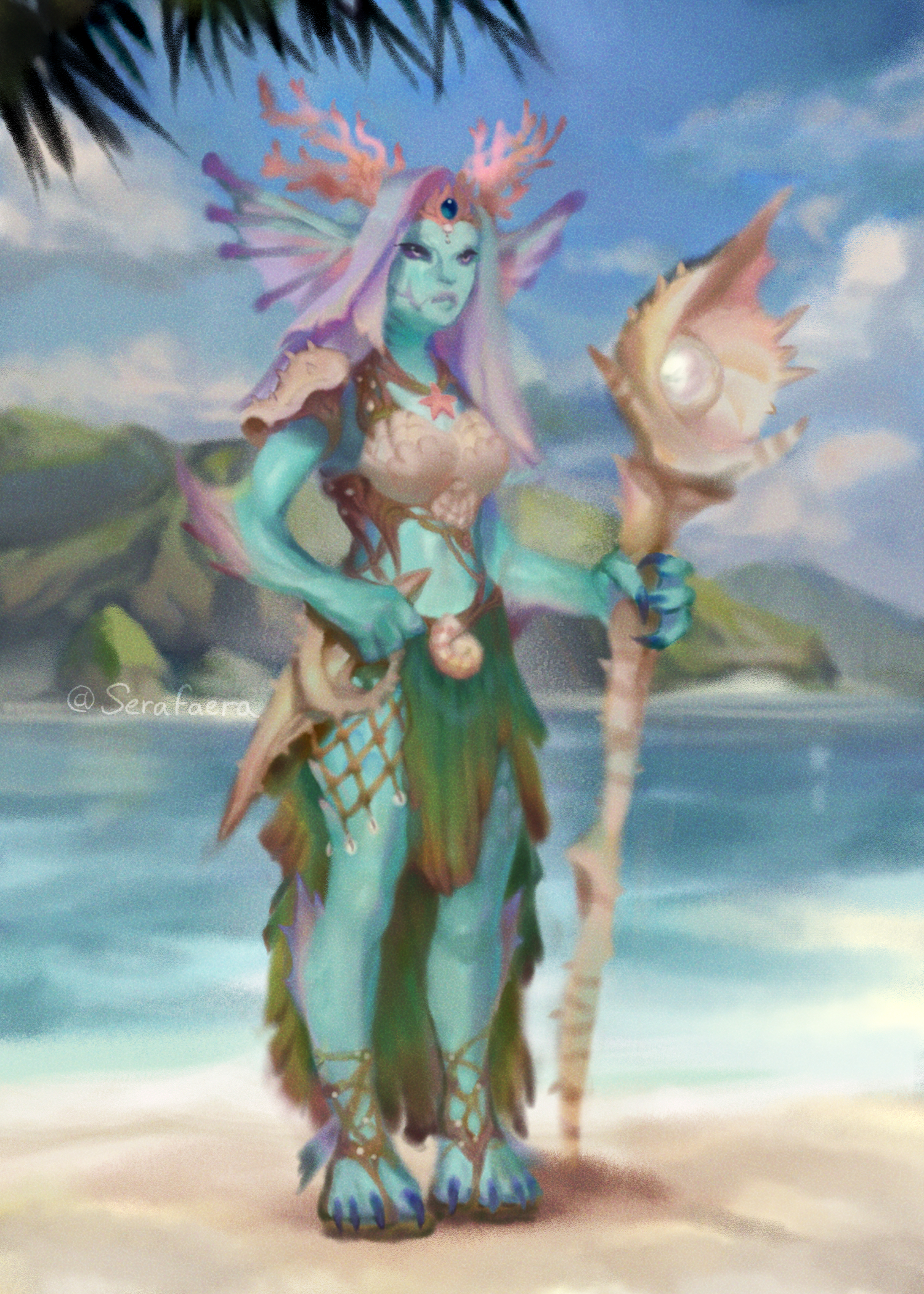 Fantasy art of an undine or merfolk, a teal-colored water spirit wearing materials derived from the coast such as seashells and seaweed