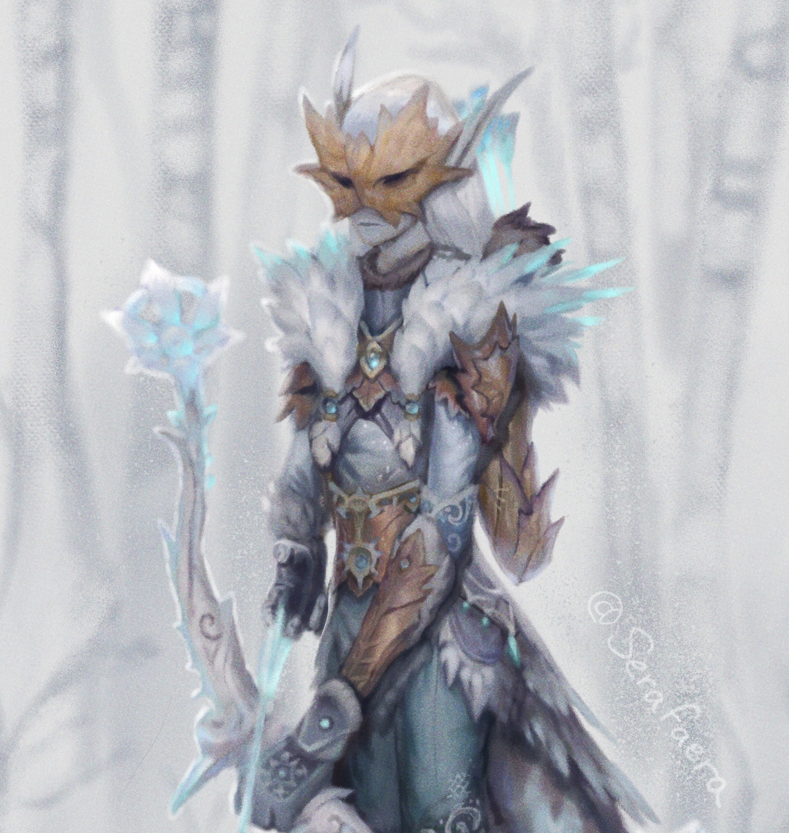 Fantasy art of an elf warrior of the Winter Court, wearing elaborate and fashionable winter-themed elf armor.